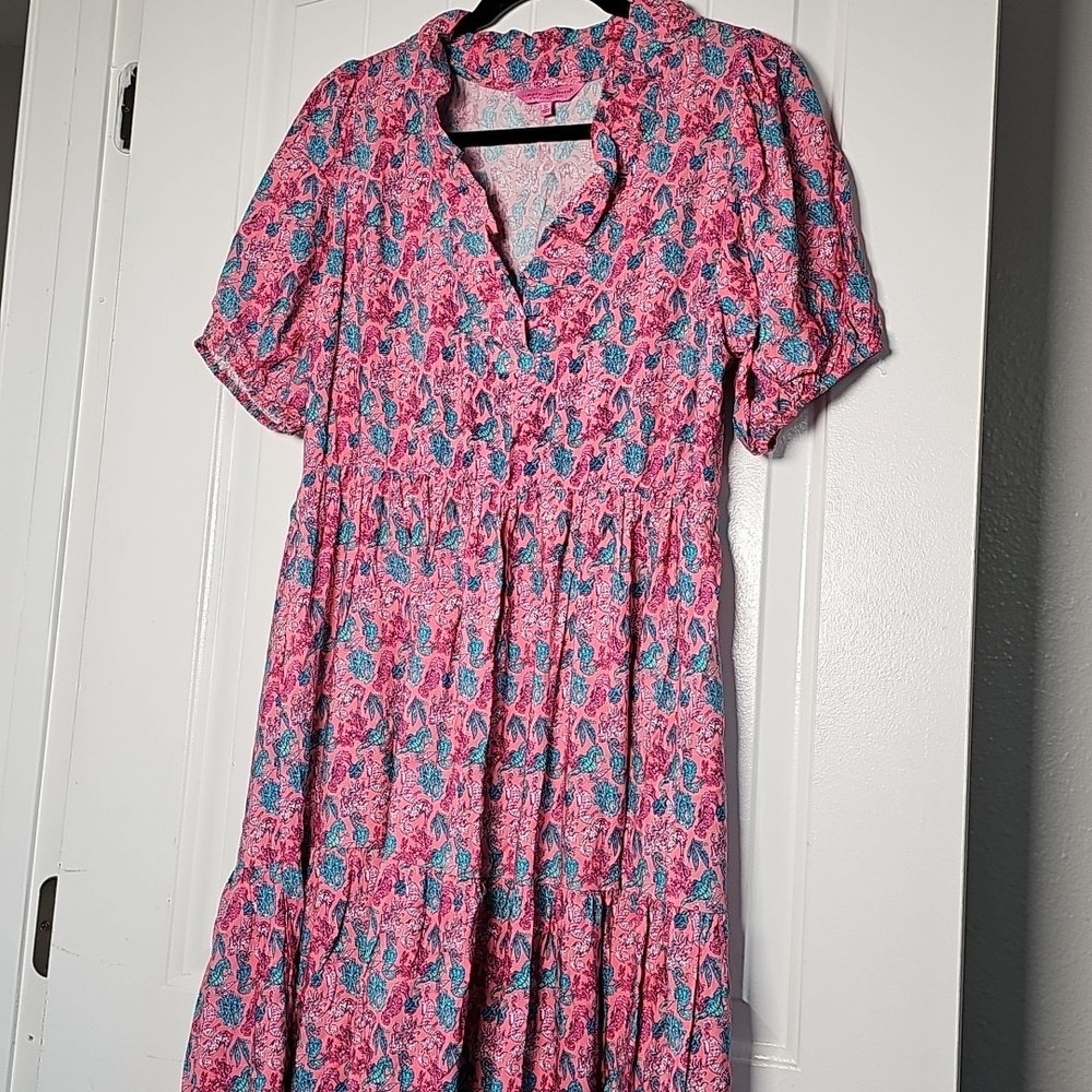 Simply Southern sm Pink and Blue Ocean Seahorse Pattern Maxi Dress